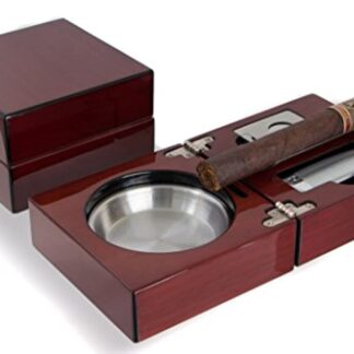 Mantello Cigar Ashtray Gift Set - High-Gloss Cherry Finish Wooden Travel Case