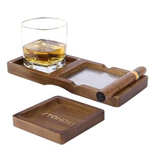 Wooden Cigar Ashtrays Coaster,Ash Tray and Whiskey Glass Tray,Whiskey Glass Tray and Cigar Holder,2-Layer Coaster Cigar Whiskey Accessory Set,Great Gift for Men,Great Decor for Home,Office or Bar…