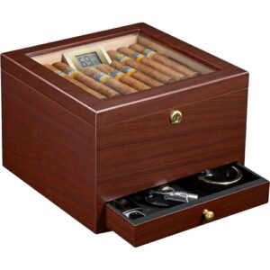 Flauno Cigar Humidor with Air Circulation System, Hold 40 Rubustos, Thicker Spanish Cedar, Accurate Digital Hygrometer, Drawer, Humidifier, Divider, Lock, Gift for Cigar Lovers