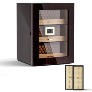 Woodronic Cigar Humidor Cabinet for 150 Counts with Spanish Cedar Lining, Crystal Gel Humidifiers, Digital Hygrometer & Larger Drawers, Glossy Ebony Finish, Desktop Cigar Gift for Men
