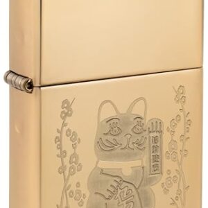 Zippo Lighter: Lucky Cat, Engraved - High Polish Brass 81707