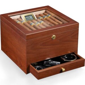 Flauno Cigar Humidor with Lock, Air Circulation System, up to 70 Cigars, Spanish Cedar Wood, Accurate Digital Hygrometer, Drawer, Humidifier, Divider, Handmade Glass Top Cigar Box for Cigar Lovers