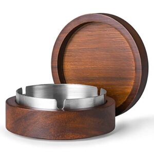Wooden Ashtray with Lid for Smokers Stainless Steel Liner Ash Tray Windproof Durable Easy to Clean Cool Ashtrays for Indoor or Outdoor Use, Patio, Office & Home