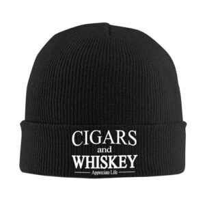 Cigars and Whiskey Appreciate Life Beanie Cuffed Skull Knit Cap Chemo Caps Fashion Ski Hats for Men Women Black