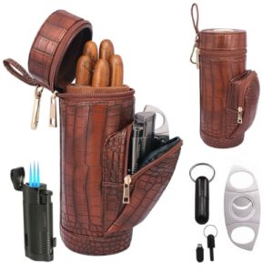 AMANCY Lid Built-in Hygrometer Travel Cigar Humidor, Cigar Case Jar/Tube with Accessories Set, Cigar Lighter and Cutter, Punch, Golf Cigar Accessories for Men