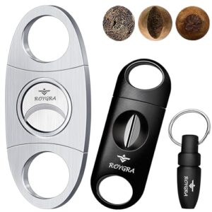 roygra Cigar Cutter Set (3 Pack), Cigar Accessories for Men - Stainless Steel Guillotine, Enlarged V-Cut Fit All Cigars, Punch Tool - Smoking Accessories, Portable Sharp Clean Cut - Silver