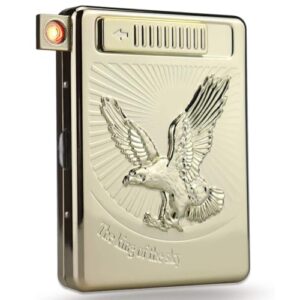 OLDENDO Cigarette Case with Lighter, Full Pack 20 Regular Size Cigarettes Accessory Box Metal Joint Holder Case, Built in USB Electric Lighters (Gold)