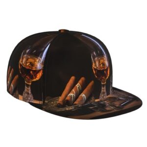 VERSlEH Cigar and Whiskeystylish Baseball Cap - Adjustable Flat Brim Hat for Men and Women, Summer Fashion Accessory Cool Cap for Women Men Black