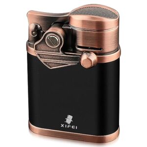 XIFEI Cigar Lighter 4 Jet Flame Torch Lighter with Cigar Holder, Windproof Rocker Arm Lighter Adjustable Flame, Refillable Butane Lighter Smoking Lighters Gift for Men (Bronze)