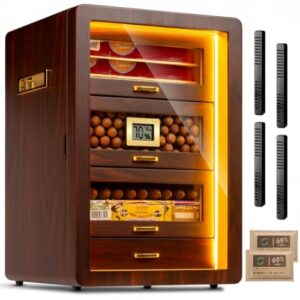 Desktop Cigar Humidor Cabinet Triple-Sided Light with Digital Hygrometer, Humidifier and Humidity Packs. 4 Ceder Wood Drawers, Cigar Humidor Box can Hold 200 Cigars. Present for Men