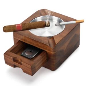 Tesonway Cigar Ashtray, Wooden Ashtray, Square Ashtray 4 Slots Cigar Holder with Accessories Drawer for Indoor Outdoor Patio Home Office, Personalized Cigar Gifts for Men