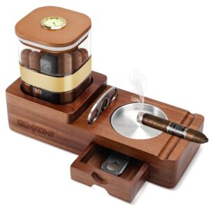 SEMKONT Cigar Humidor and Ashtray Set, Wooden Tray with Acrylic Humidor Jar, Cutter Holder, Drawer, Slot and Cigar Cutter Accessories, Home Gift Sets for Men