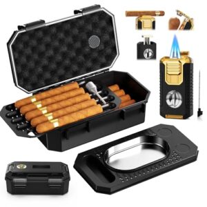Travel Cigar Humidor Box set with Cigar Ashtray, Cigar Torch Lighter, Built-in V Cutter & Punch & Holder & Draw Enhancer Tool, Humidifier & Hygrometer, Portable Travel Cigar Case, Cigar Gifts for Men