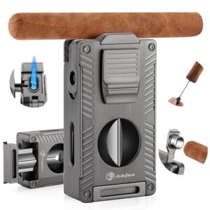 LIHTUN Cigar Torch Lighter, All-in-1 Cigar Lighter Built-in Cigar Holder Cigar Punch Cigar Draw Enhancer Cigar Cutter V Cut, Double Jet Flame Refillable Butane Lighters for smoking, Cigar Gift for Men