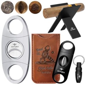 roygra Cigar Cutter Set (5 Pack), Cigar Accessories for Men Fit All Cigars - Stainless Steel Guillotine, Enlarged V-Cut, Punch, Holder Stand, Leather Case - Smoking Accessories, Portable Sharp Cut