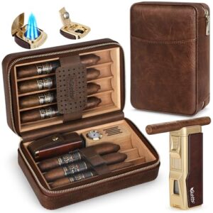 Scotte Cigar Humidor Box, Cigar Lighter Cedar Wood Lined Leather Cigar Case Built in Hygrometer & Humidifier, Torch Lighter with Cigar Holder Cigar Punch Portable Travel Cigar Humidor (Smooth Brown)
