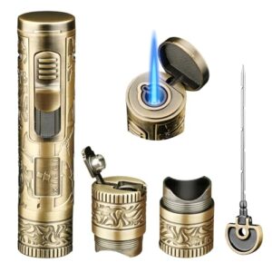 XIFEI Torch Lighter, 4-in-1 Cigar Lighter with Jet Flame, Punch, Holder, Draw Enhancer, Windproof Refillable Butane Lighters, Multi-Functional Cigar Accessories Gift for Men (Bronze)