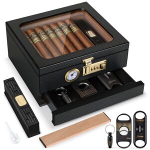 Tesonway Cigar Humidor, Cedar Wood Humidor Cigar Box, Glass Top Desktop Humidor with Front Hygrometer, Humidifier, Divider, Accessories Drawer and Combination Lock, Cigar Gifts for Men (Carbon Black)
