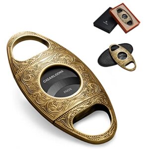 CIGARLOONG Cigar Cutter Stainless Steel Bronze Engraved Double Cut Blade Cigar Guillotine (Gold+Black)