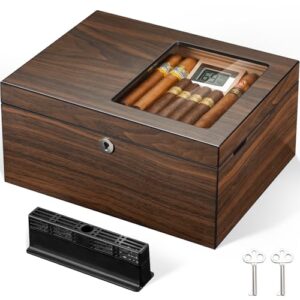 Cigar Humidor Box with Ventilation Grid – Holds up to 120 Cigars, Spanish Cedar Lining, Magnetic Dividers, Custom Gel Humidifier, Digital Hygrometer & Lock – Luxury Cigar Storage for Aficionados