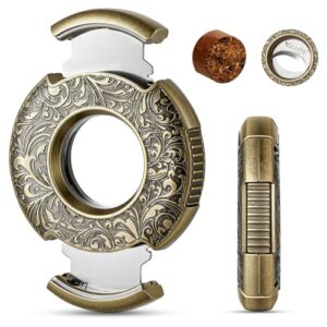 Scotte Cigar Cutter Guillotine Bronze Engraved Cigar Straight Cutter Round Shape Double Stainless Steel Blade Cigar Clipper Portable Cigar Accessories in Gift Box