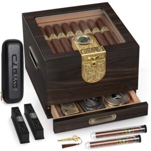 AWOTE Cigar Humidor, Cedar Wood Humidor Cigar Box, Includes Leather Cigar Case, Cigar Tube, Digital Hygrometer and 2 Humidifiers, Glass Top Desktop Humidor with Accessory Drawer, Gift Set (Dark Brown)