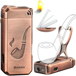 FANKAI Pipe Lighter, Built-in Stand, 3 in 1 Cleaner Tools, Refillable Butane, Gas Window with Angled Soft Flame, Pipe Gift Butane not Included