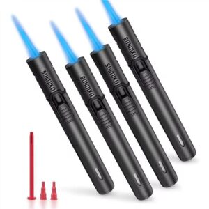 Sondiko Torch Lighters, Refillable Butane Lighter with Adjustable Jet Flame, Metal Shell, Butane Nozzle Adapter Kit for Candle, Grill, BBQ, Fireworks, 4 Pack, Black