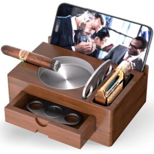 Wooden Cigar Ashtray with Lighter Slot & Accessories Drawer - 3-in-1 Holder Tray for Outdoor, Home Bar, Patio, Office Use - Gift Set for Men, Elegant Decoration Suitable (Brown)