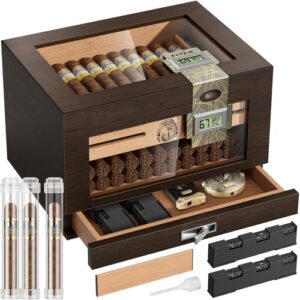 TISFA Cigar Humidor Cedar Wood Cigar Box with 2 Digital Hygrometer, 2 Humidifiers, Cedar Tray, Divider, Accessory Drawer, Glass Top Large Desktop Humidors and Acrylic Travel Cigar Tube Gifts Set