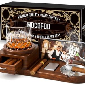 Cigar Ashtray Coaster Whiskey Glass Tray and Cigar Holder, Wooden Ash Tray, Slot to Hold Cigar, Cigar Rest Cigar Accessory Set Gift for Men Dad, Great Decor for Home (with drawer)