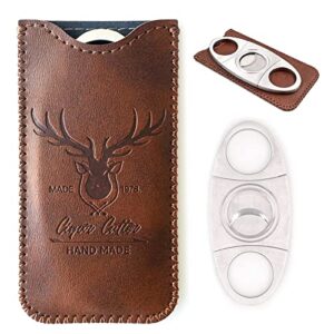 Stainless Steel Cigar Cutter with Leather Case,Double Blade for a Precise Perfect Cut(Brown Deer)