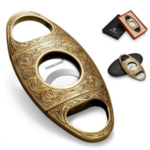 Cigar Cutter Stainless Steel Bronze Engraved Double Cut Blade (Color:Gold1)