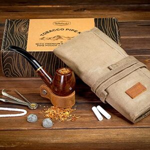 Whitluck's Tobacco Pipe with Waxed Canvas Pipe Roll, Handmade Wood Smoking Pipe with Ultimate Beginner Guide E-Book, Travel Tobacco Pouch - Smoking Gift Set and Accessories